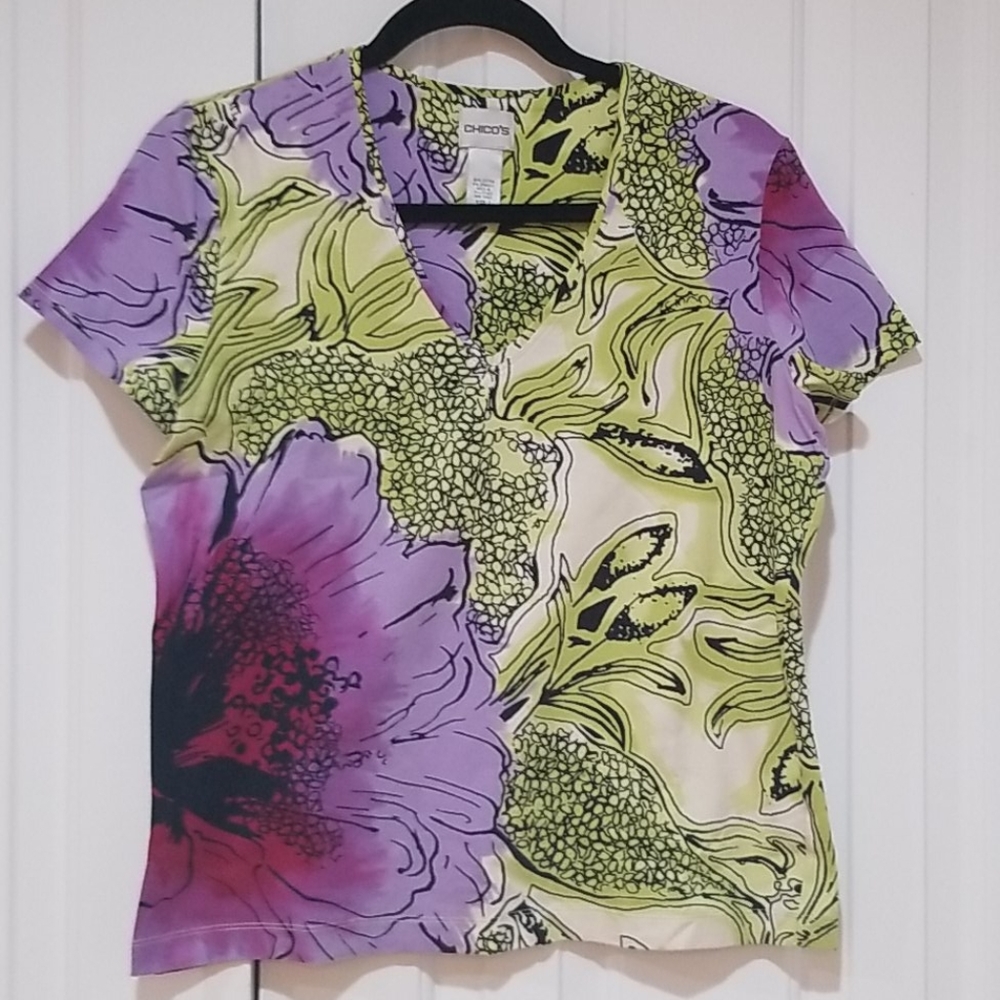 Chicos green and purple print top medium